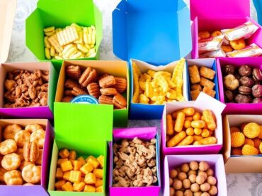 กล่องขนมหลากหลายสีสันเรียงรายบนโต๊ะ