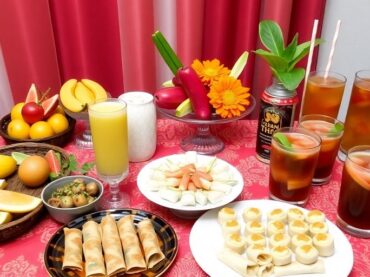 ขนมไทยจัดเรียงบนโต๊ะสีสันสดใส