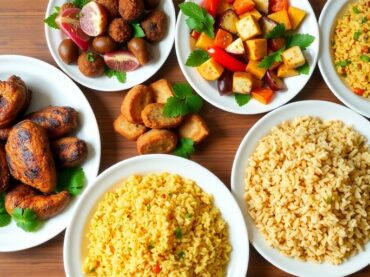 อาหารฮาลาลหลากหลายประเภทบนโต๊ะไม้