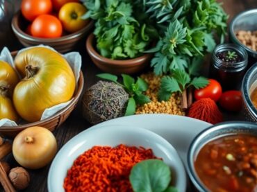 อาหารฮาลาลสดและหลากหลายบนโต๊ะไม้