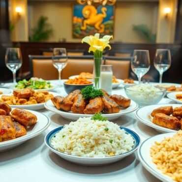 โต๊ะอาหารที่จัดเรียงอย่างสวยงามในร้านฮาลาล