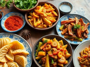 อาหารฮาลาลจีนบนโต๊ะไม้ที่มีความสดใส