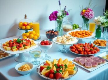 โต๊ะจัดเบรคสวยงามพร้อมอาหารและเครื่องดื่มน่าทาน