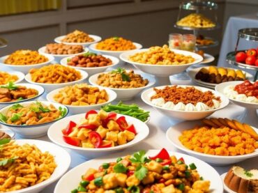 อาหารจัดเลี้ยงหลากหลายบนโต๊ะสวยงาม