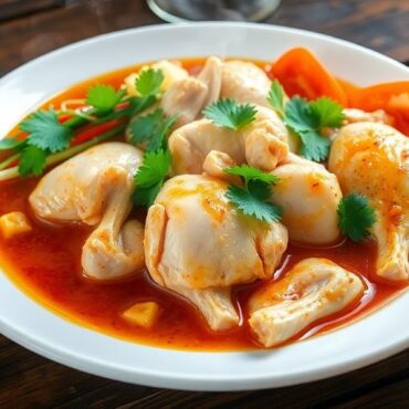 ไก่ต้มกับน้ำปลาและผักสดน่ารับประทาน