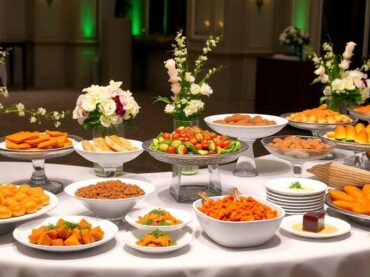 อาหารจัดเลี้ยงหลากหลายบนโต๊ะที่ตกแต่งสวยงาม