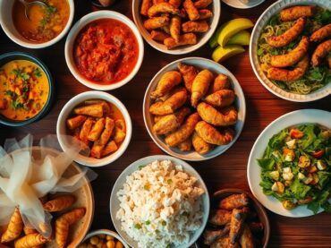 อาหารฮาลาลหลากหลายวางบนโต๊ะไม้