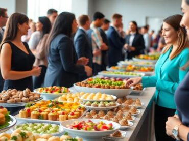 อาหารจัดเลี้ยงประชุมหลากหลาย วางเรียงสวยงาม ผู้ร่วมงานกำลังเลือกอาหาร