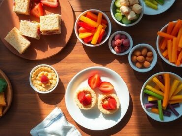 อาหารว่างหลากหลายสีสันน่ารับประทานจัดวางบนโต๊ะไม้