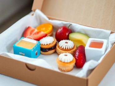 กล่องขนมเบรคหลากหลายพร้อมเครื่องดื่มจัดวางสวยงาม