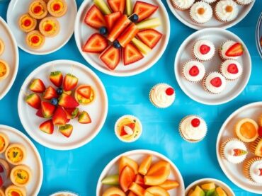 อาหารปาร์ตี้วันเกิดหลากสีสันน่ารับประทานวางบนโต๊ะ