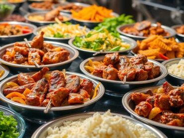 อาหารฮาลาลหลากหลายชนิดบนโต๊ะบุฟเฟ่ต์