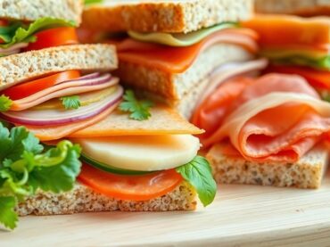 แซนวิชหลากหลายสีสันน่าทานจัดวางอย่างสวยงาม