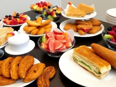 อาหารว่างหลากหลายจัดวางอย่างสวยงามบนโต๊ะ