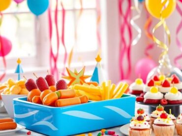 โต๊ะจัดเลี้ยงเต็มไปด้วยอาหารสำหรับเด็กสีสันสดใส น่ารับประทาน