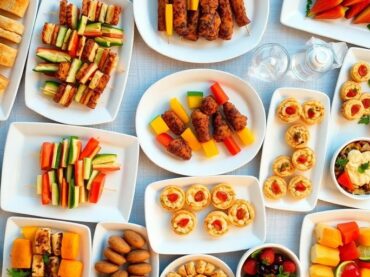 โต๊ะบุฟเฟ่ต์ เรียบง่าย อาหารคำเล็ก หลากสี จัดเรียง บน จานขาว พร้อม ชามจิ้ม อบอุ่น