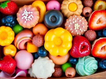 กล่องขนมหลากหลาย สีสันสดใส จัดวางอย่างสวยงาม