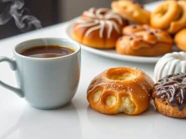 กาแฟร้อนและขนมอร่อยสำหรับพักเบรค