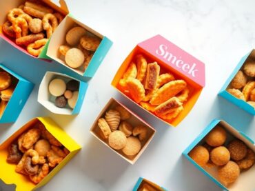 กล่องขนมหลากหลายสีสัน จัดเรียงอย่างสวยงาม