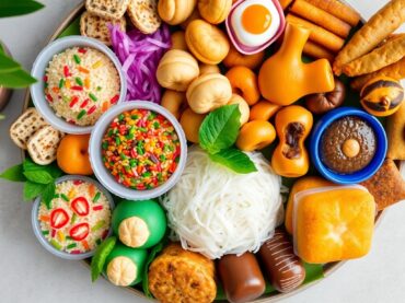 อาหารว่างและขนมไทยหลากหลาย จัดวางอย่างสวยงาม น่ารับประทาน