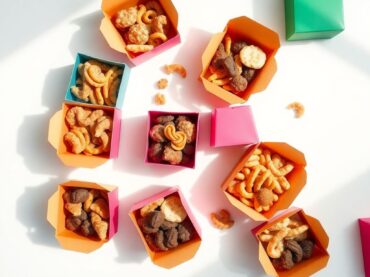 กล่องขนมหลากหลายสีสัน จัดเรียงสวยงาม น่ารับประทาน