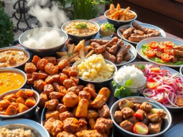 อาหารฮาลาลหลากหลายเมนูบนโต๊ะไม้