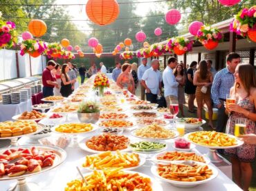 ภาพการจัดเลี้ยงนอกสถานที่พร้อมอาหารและผู้คน